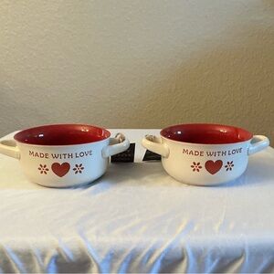 Set of Two 'Made with Love' Double Handle Stoneware Bowls. Oven safe to 375